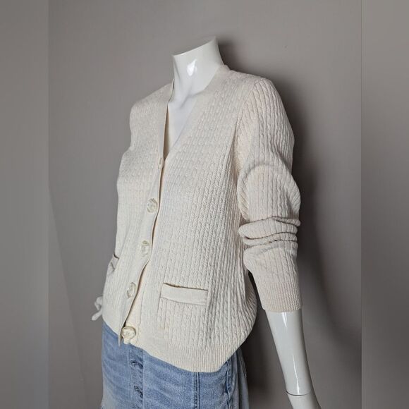 Vintage Cream Cable Knit Cardigan Women’s Petite M Minimal Cotton Pockets - Picture 3 of 10